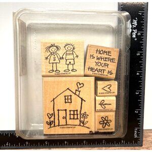 2003 STAMPIN' UP! Heart & Home Wood Mounted Rubber Stamp set of 6 LOVE FAMILY